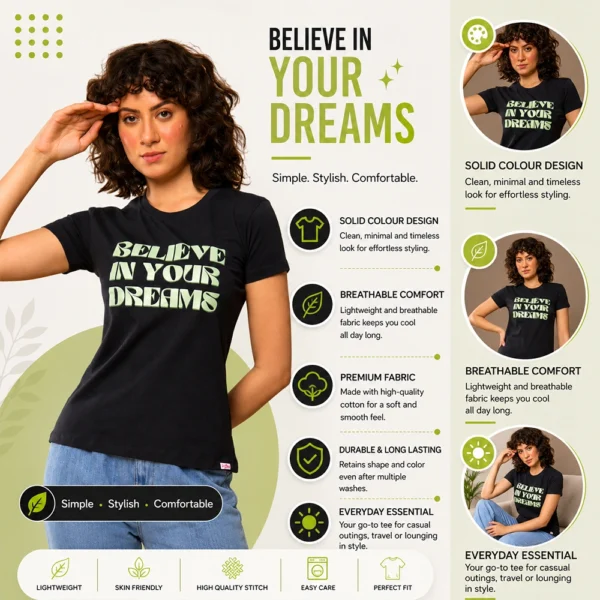 Aphro Women Round Neck T-Shirt | Solid Cotton Casual Printed T-shirt for Women | Front Print Graphic Tee | Stylish Half Sleeve T-shirt for Gym, Sports, Casual Wear